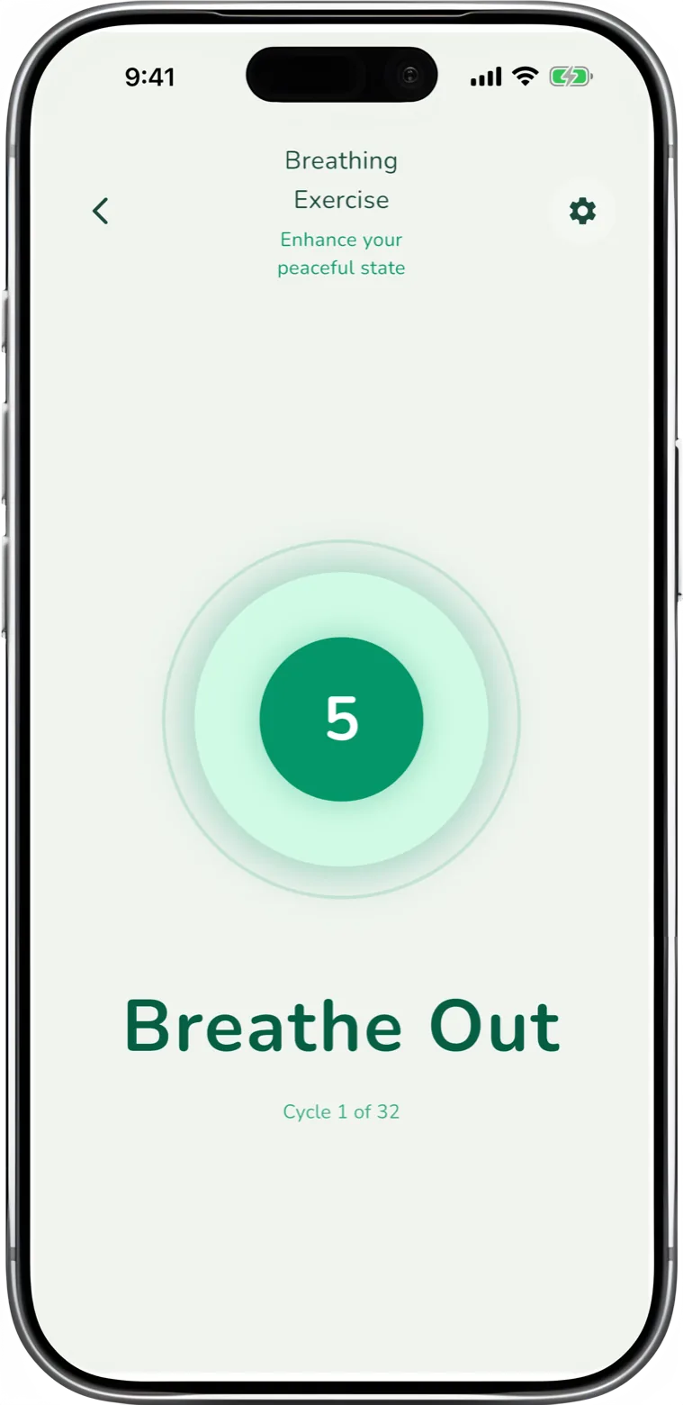 relif breathing exercise screen with a large animated circle counting the inhale