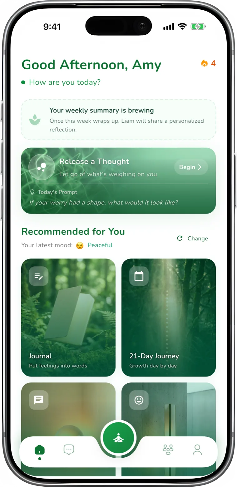 relif anxiety relief app showing relief techniques and the Liam AI companion chat