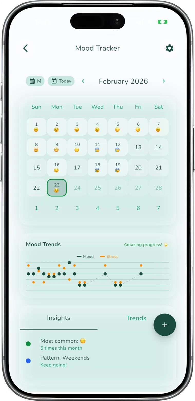 The mood check-in screen with the 1 to 5 mood scale and stress slider