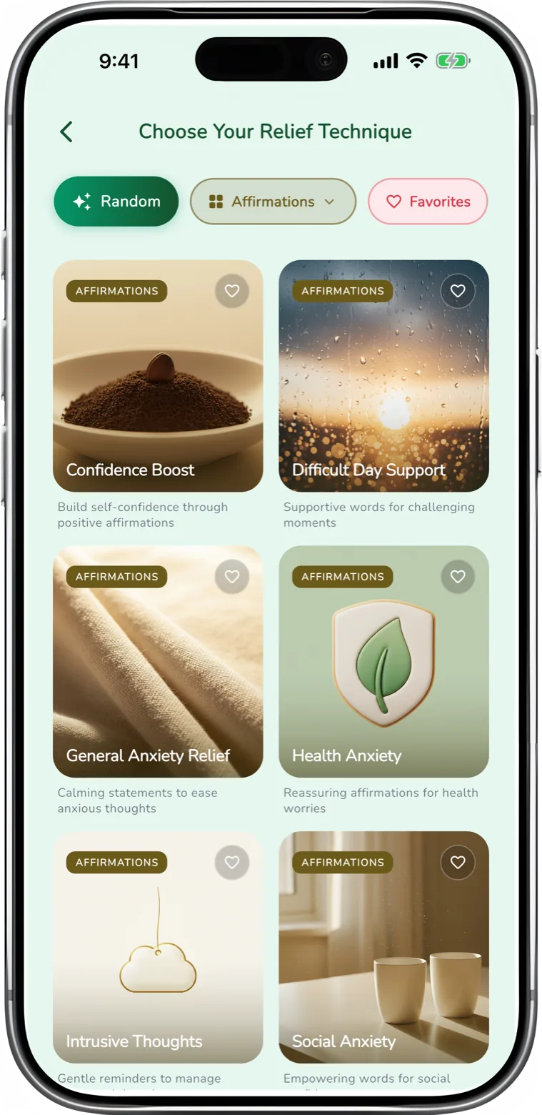 relif relief techniques library with grounding, breathing and body-based exercises in a grid
