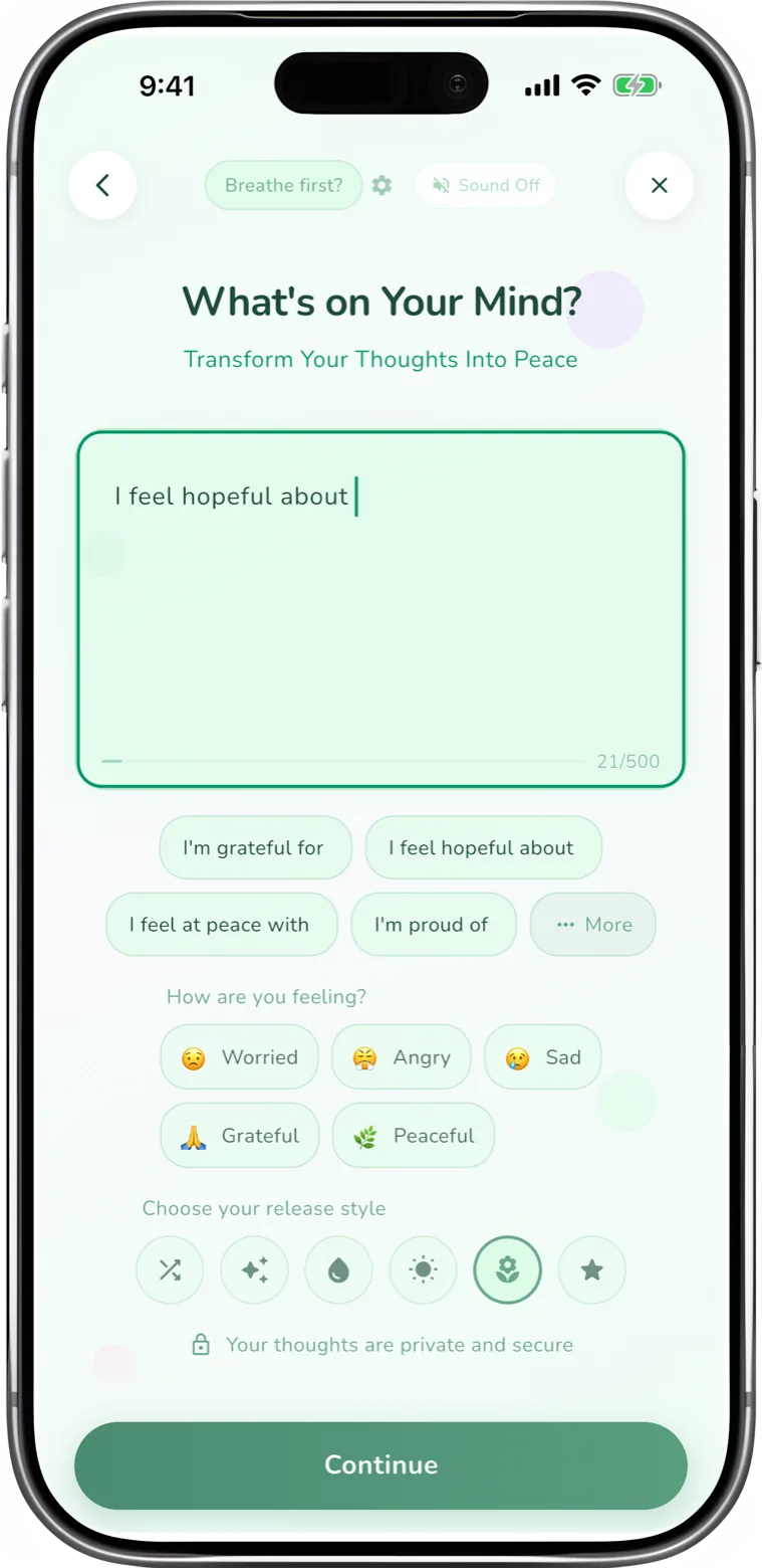 relif Thought Release screen with a text field for writing down a worrying thought