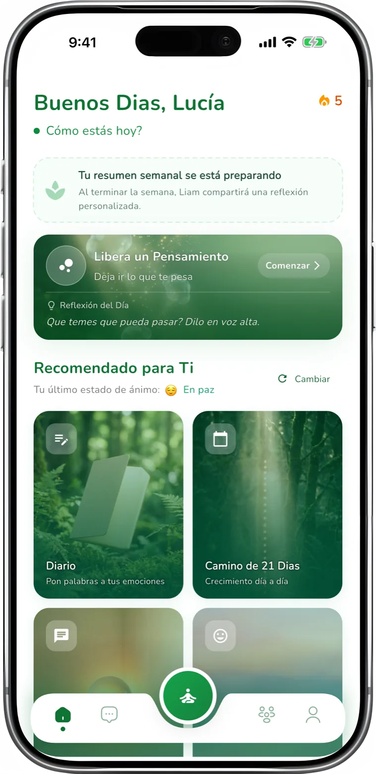 App relif para la ansiedad mostrando técnicas de alivio y el chat con Liam, el compañero de IA