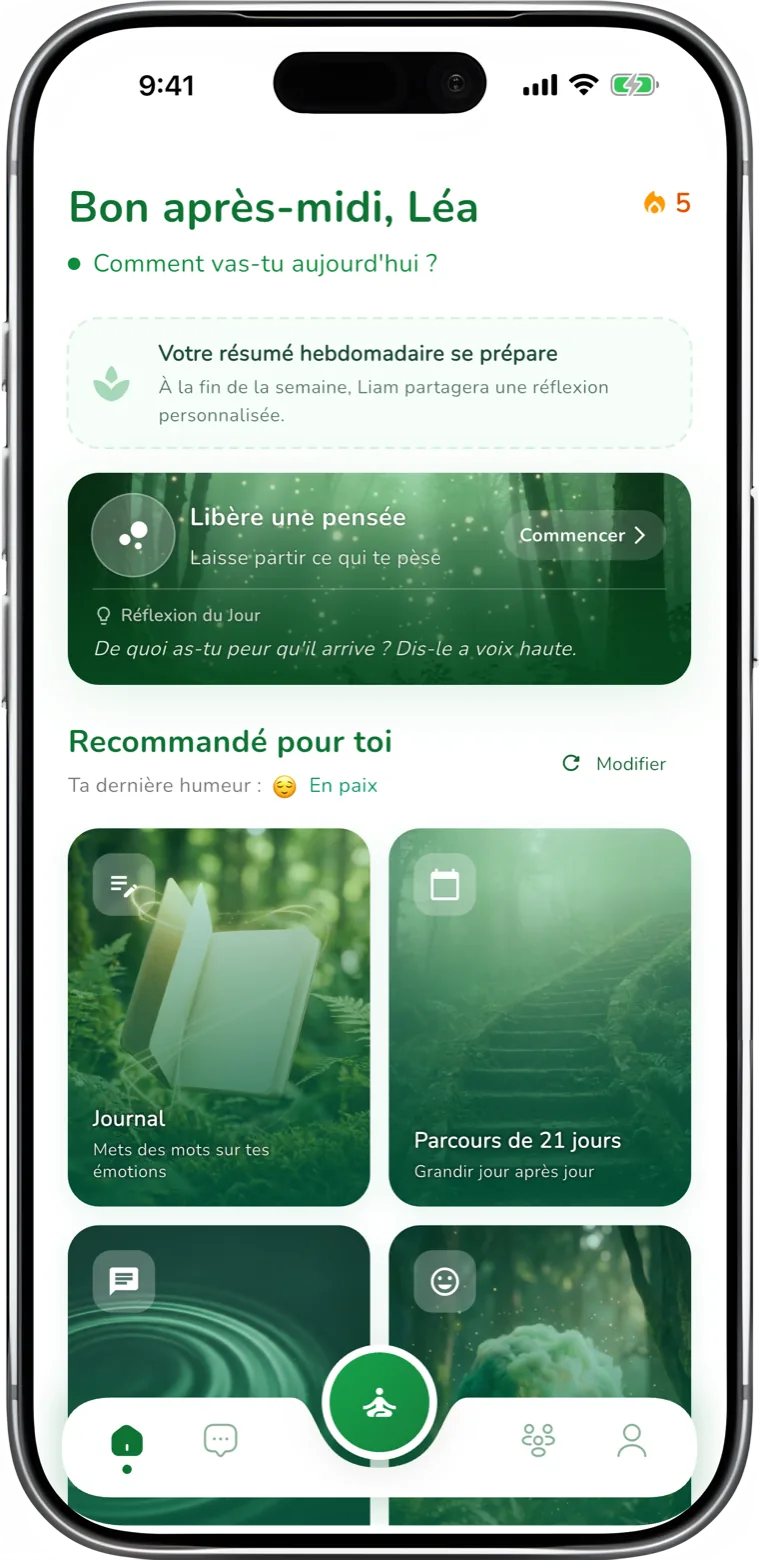 Application relif contre l'anxiété montrant les techniques d'apaisement et la conversation avec Liam, le compagnon IA