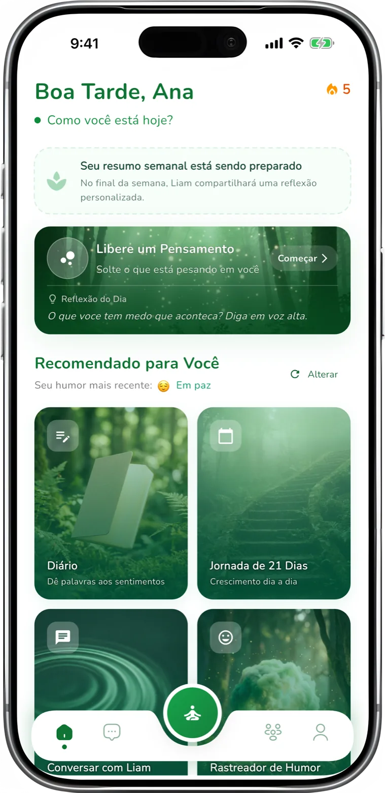 App relif para ansiedade mostrando técnicas de alívio e o chat com o Liam, o companheiro de IA